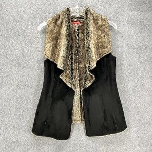 Saks Fifth Avenue Vest‎ Womens Size S/P Black Brown Open Front Faux Fur Suede